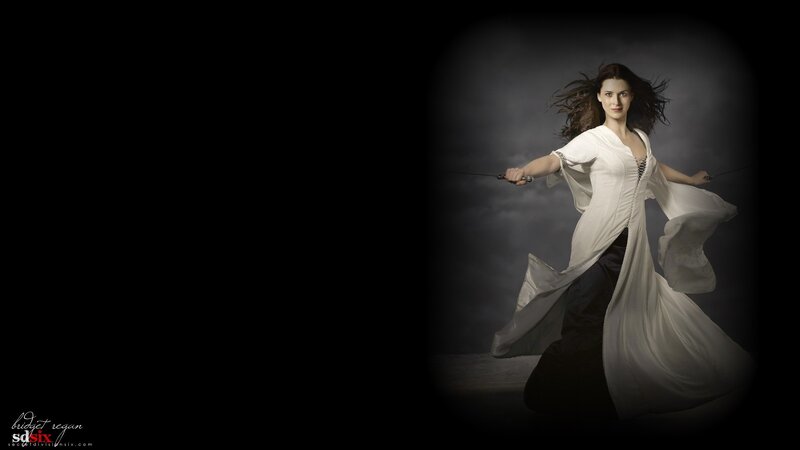 Woman in White Dress — Dramatic, Photograph, Sword, Dark Background
