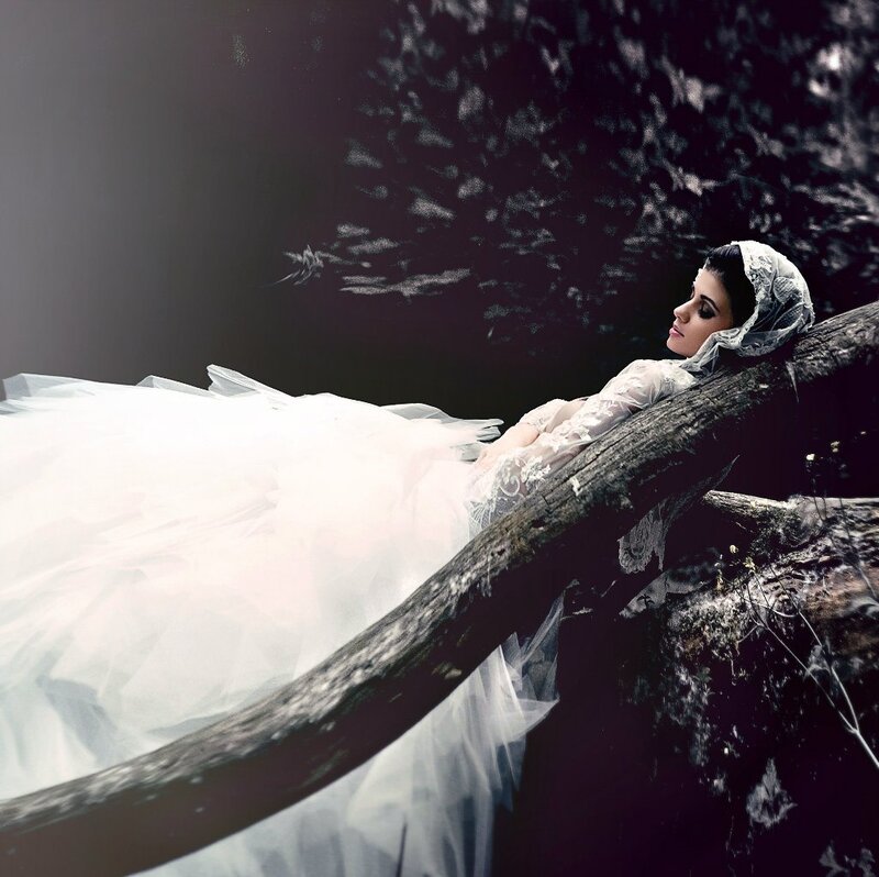Woman in White Dress — Dramatic, Photograph, Tree Trunk