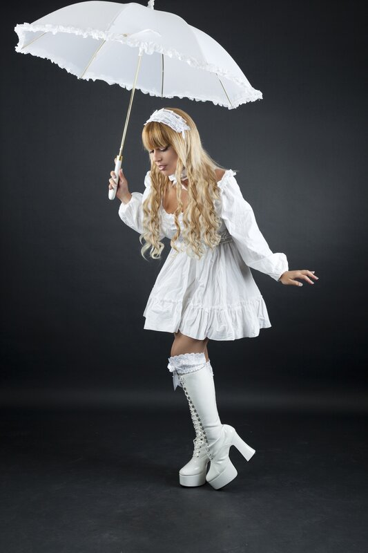 Woman in White Dress — Dramatic, Photograph, Umbrella, Boots