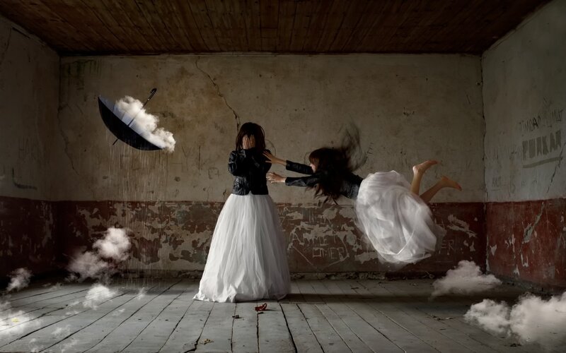 Woman in White Dress — Dramatic, Photograph, Umbrella, Clouds