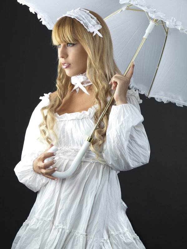 Woman in White Dress — Dramatic, Photograph, Umbrella, Wig