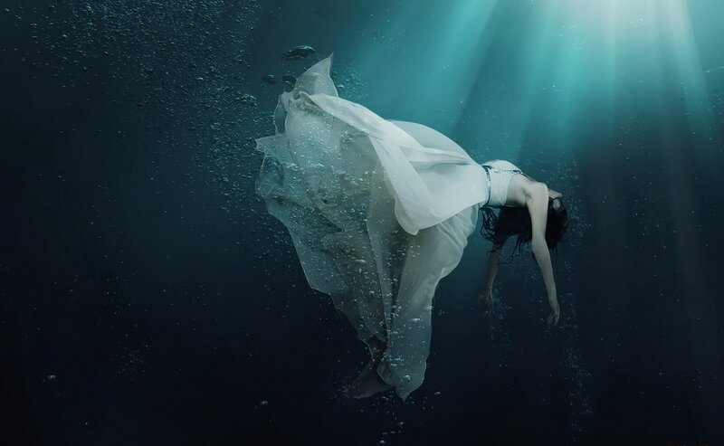 Woman in White Dress — Dramatic, Photograph, Underwater