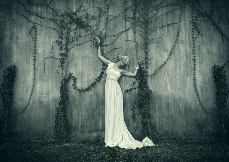 Woman in White Dress — Dramatic, Photograph, Wall, Vines