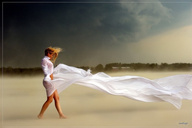 Woman in White Dress — Dramatic, Photograph, Wind