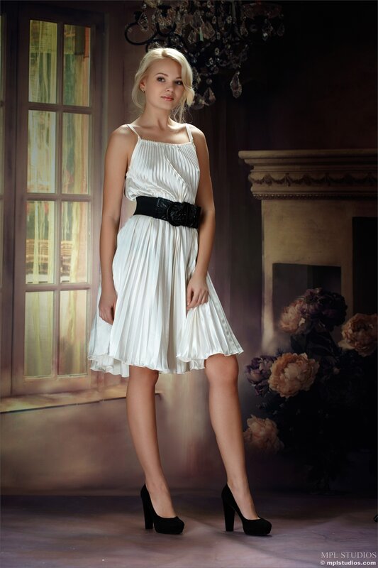 Woman in White Dress — Dramatic, Photograph, Window, Chandelier