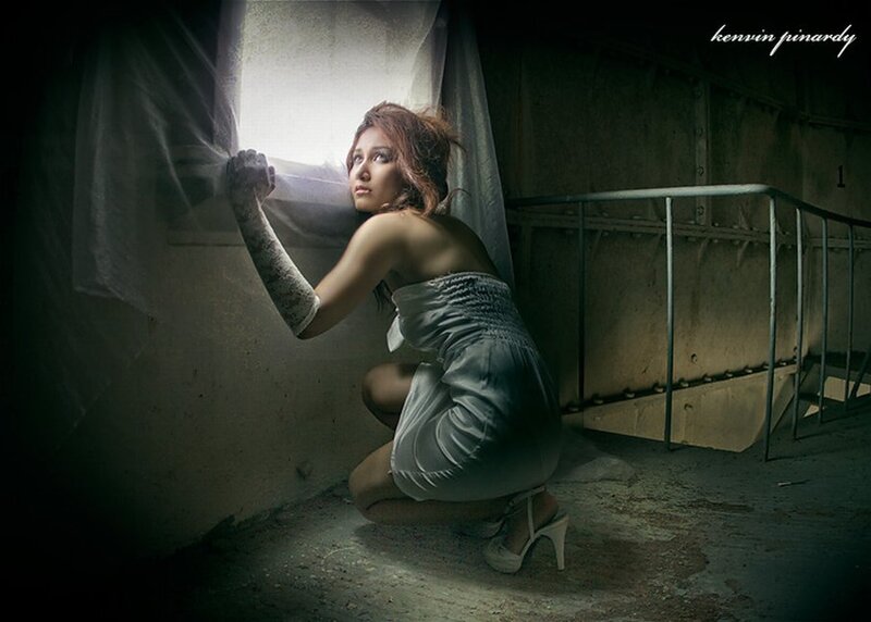 Woman in White Dress — Dramatic, Photograph, Window, Stairs