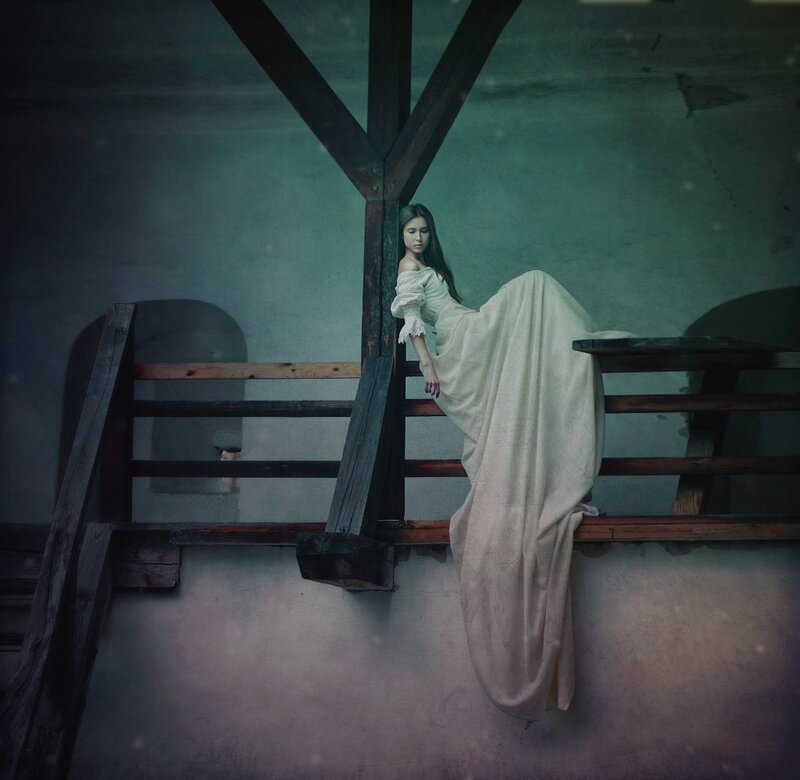 Woman in White Dress — Dramatic, Photograph, Wooden Beams