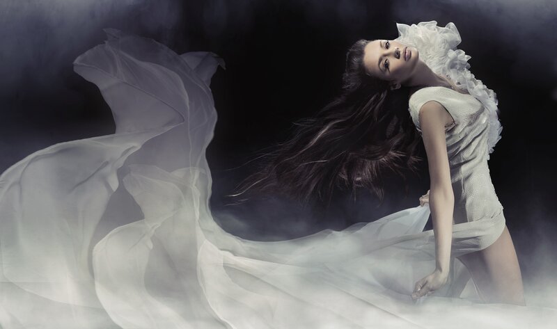 Woman in White Dress — Dramatic, Smoke