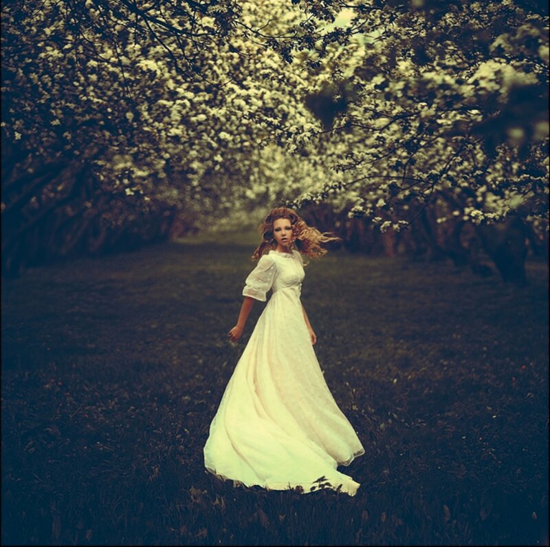 Woman in White Dress — Dramatic, Spring, Photograph, Flowering Trees