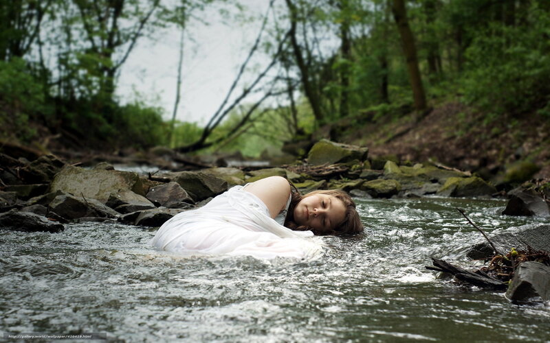 Woman in White Dress — Dramatic, Spring, Photograph, River