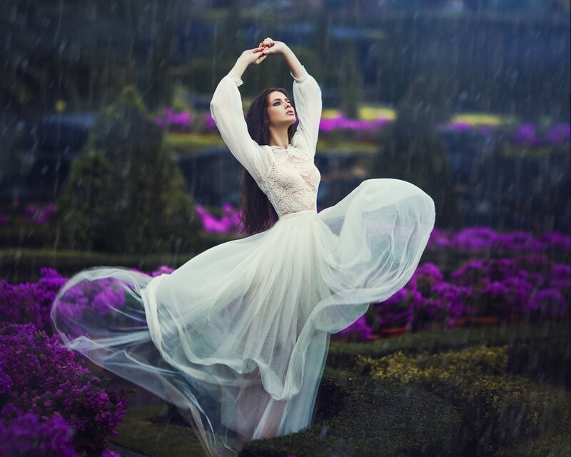 Woman in White Dress — Dramatic, Spring, Photograph