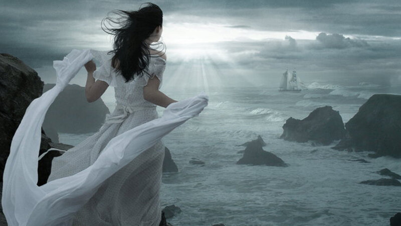 Woman in White Dress — Dramatic, Sunrise