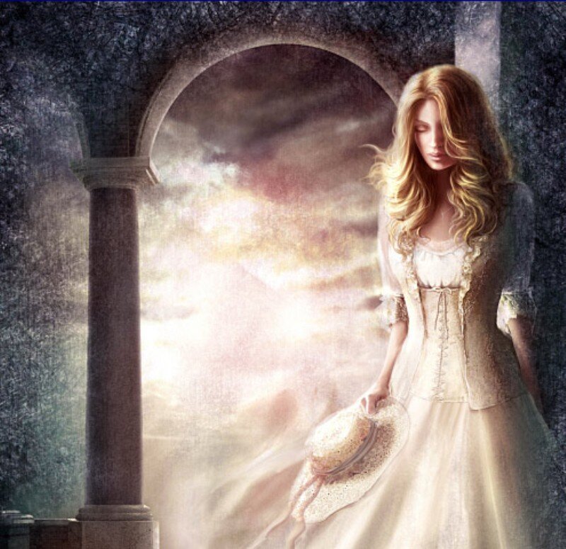 Woman in White Dress — Dramatic, Sunset, Digital Art, Archway
