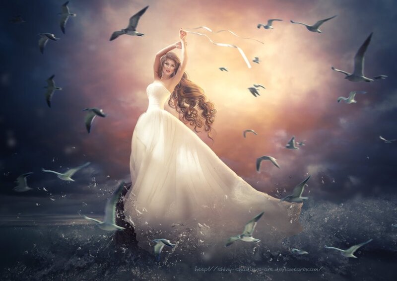 Woman in White Dress — Dramatic, Sunset, Digital Art, Birds, Ocean