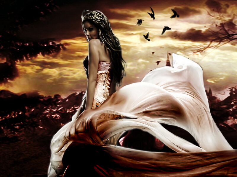 Woman in White Dress — Dramatic, Sunset, Digital Art, Birds, Sky
