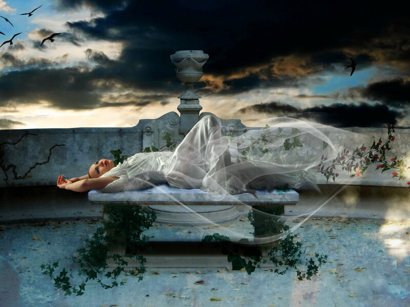 Woman in White Dress — Dramatic, Sunset, Digital Art, Birds