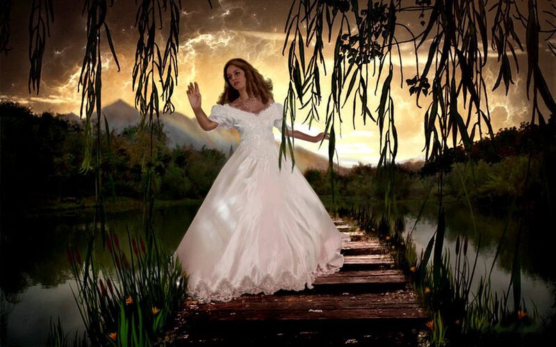 Woman in White Dress — Dramatic, Sunset, Digital Art, Bridges