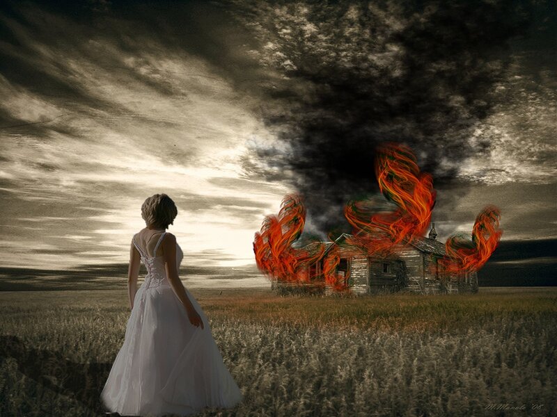 Woman in White Dress — Dramatic, Sunset, Digital Art, Burning House