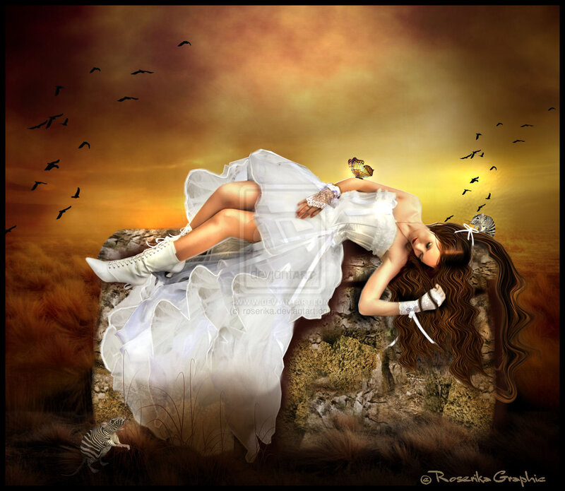 Woman in White Dress — Dramatic, Sunset, Digital Art, Butterfly