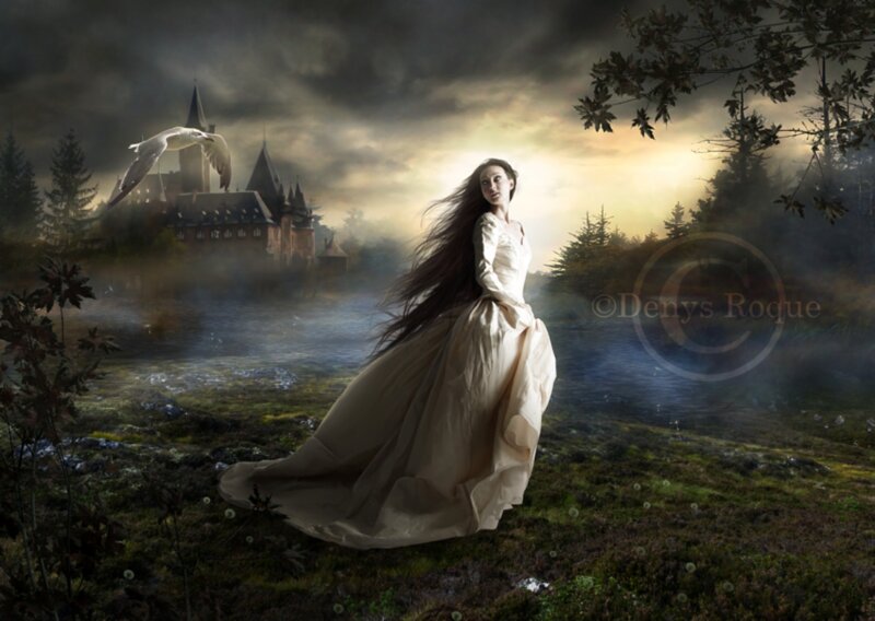 Woman in White Dress — Dramatic, Sunset, Digital Art, Castle, Bird