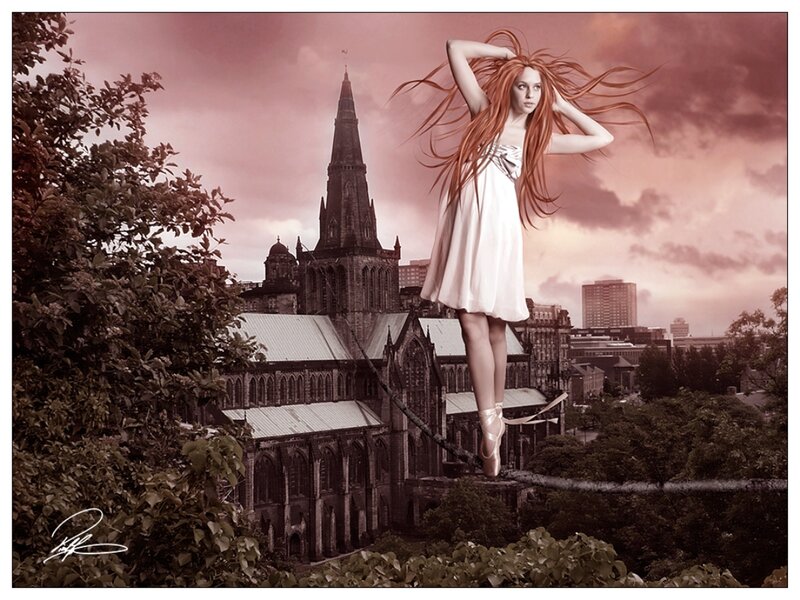 Woman in White Dress — Dramatic, Sunset, Digital Art, Cityscape