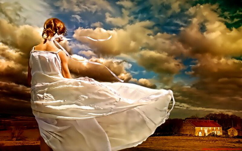 Woman in White Dress — Dramatic, Sunset, Digital Art, Clouds