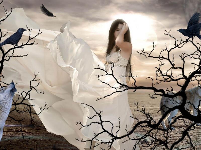 Woman in White Dress — Dramatic, Sunset, Digital Art, Crows