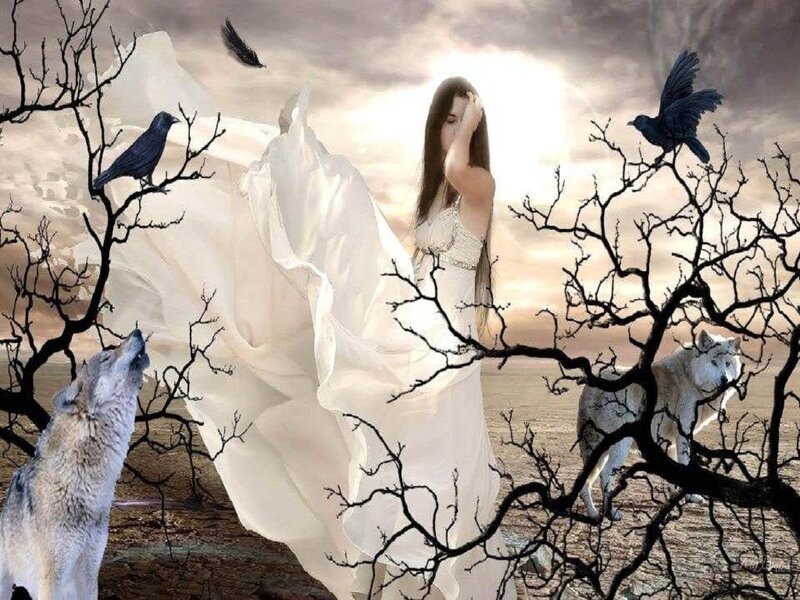 Woman in White Dress — Dramatic, Sunset, Digital Art, Crows, Wolves