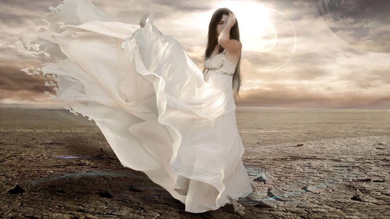 Woman in White Dress — Dramatic, Sunset, Digital Art, Desert, Sky, Brown, Gray