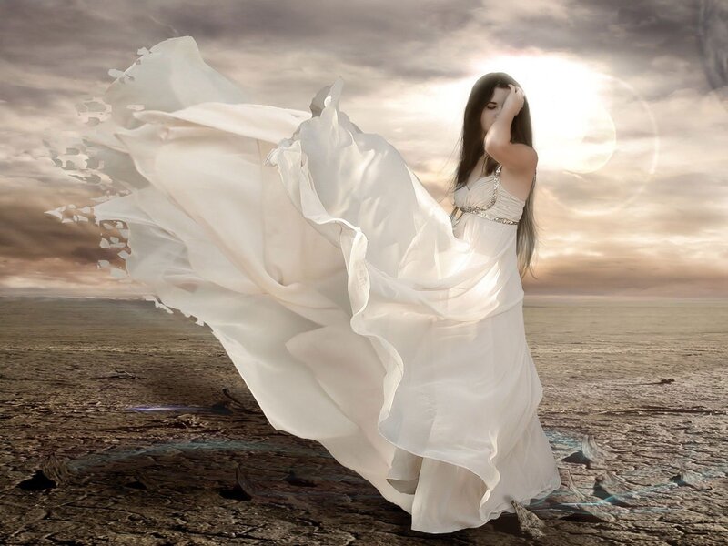 Woman in White Dress — Dramatic, Sunset, Digital Art, Desert, Sky, Brown