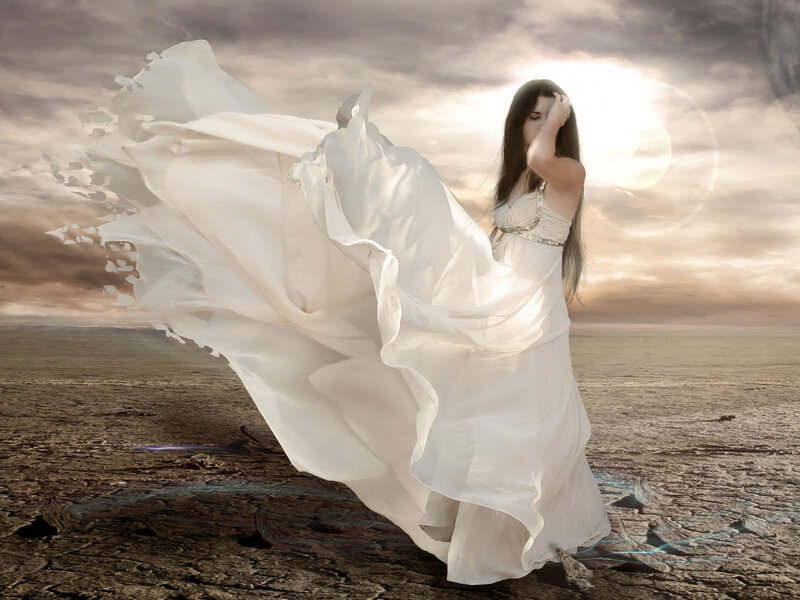 Woman in White Dress — Dramatic, Sunset, Digital Art, Desert, Sky