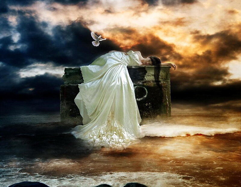 Woman in White Dress — Dramatic, Sunset, Digital Art, Dove, Clouds