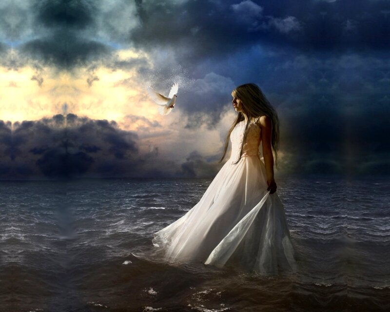 Woman in White Dress — Dramatic, Sunset, Digital Art, Dove