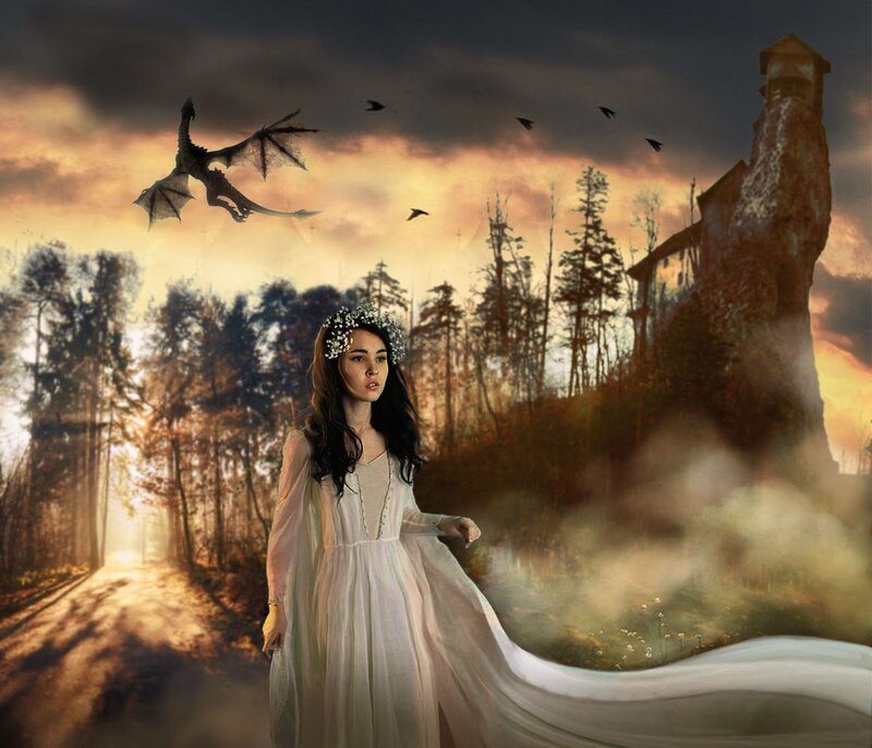 Woman in White Dress — Dramatic, Sunset, Digital Art, Dragon, Castle