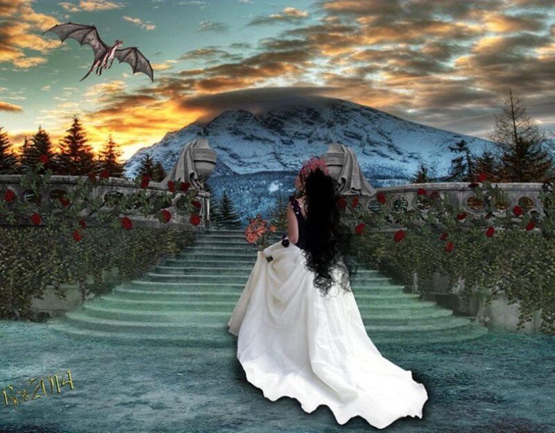 Woman in White Dress — Dramatic, Sunset, Digital Art, Dragon, Mountain