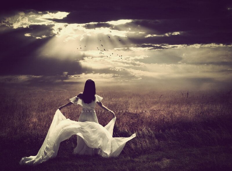 Woman in White Dress — Dramatic, Sunset, Digital Art, Field, Sky