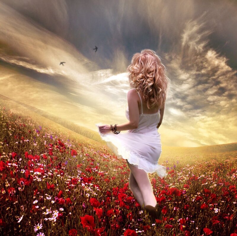 Woman in White Dress — Dramatic, Sunset, Digital Art, Flower Field