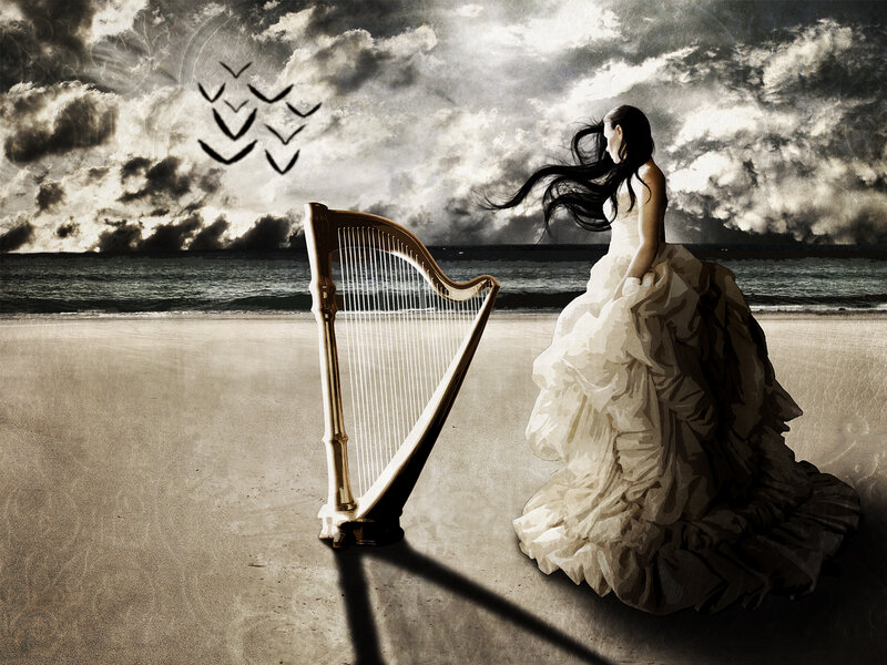 Woman in White Dress — Dramatic, Sunset, Digital Art, Harp