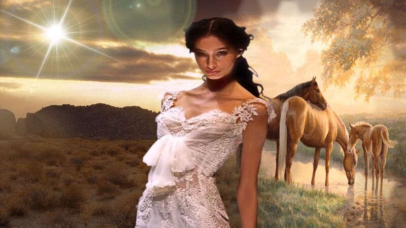 Woman in White Dress — Dramatic, Sunset, Digital Art, Horse