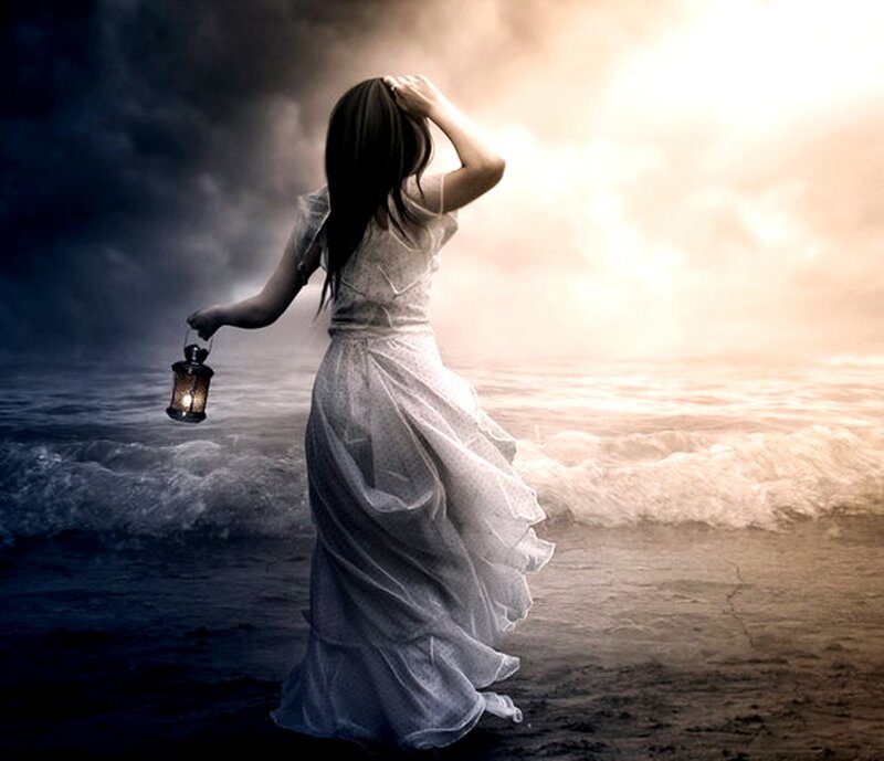 Woman in White Dress — Dramatic, Sunset, Digital Art, Lantern