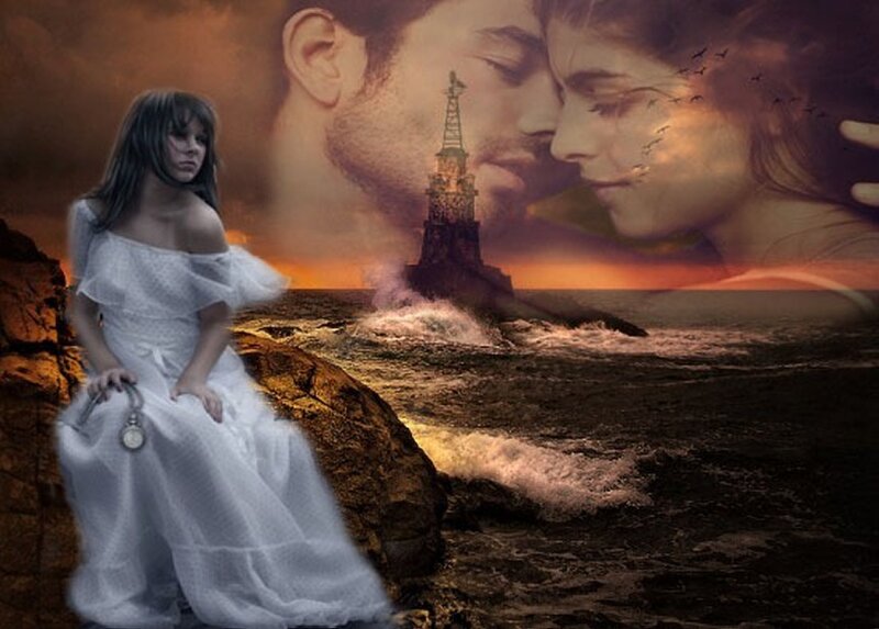 Woman in White Dress — Dramatic, Sunset, Digital Art, Lighthouse