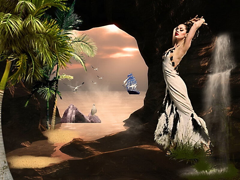 Woman in White Dress — Dramatic, Sunset, Digital Art, Palm Trees