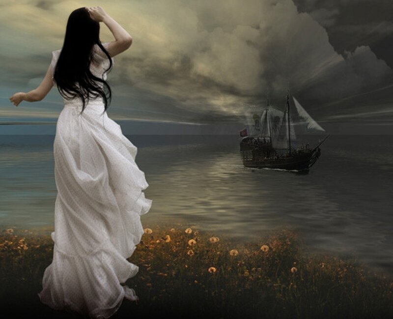 Woman in White Dress — Dramatic, Sunset, Digital Art, Sailboat