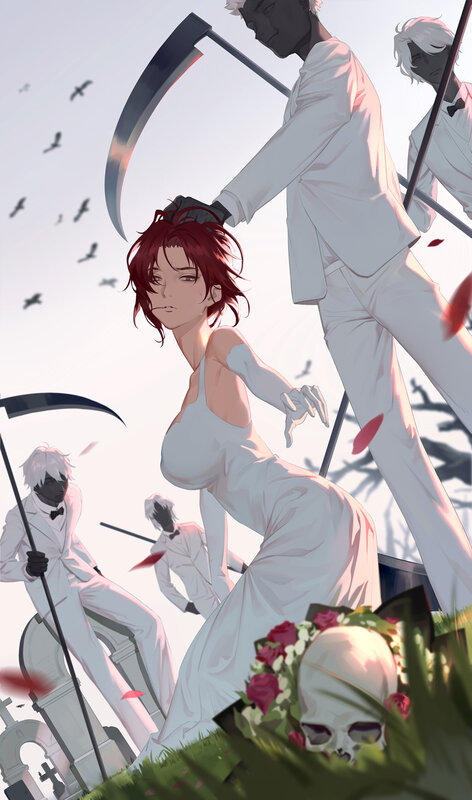 Woman in White Dress — Dramatic, Sunset, Digital Art, Scythe