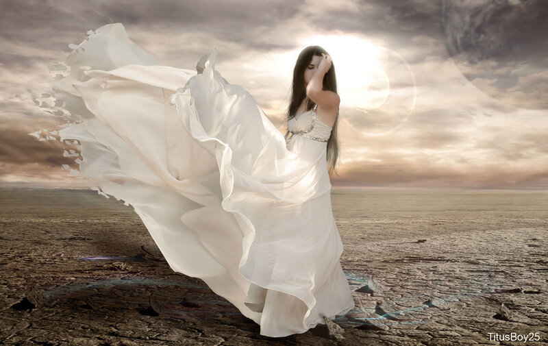 Woman in White Dress — Dramatic, Sunset, Digital Art, Sky, Desert, Brown