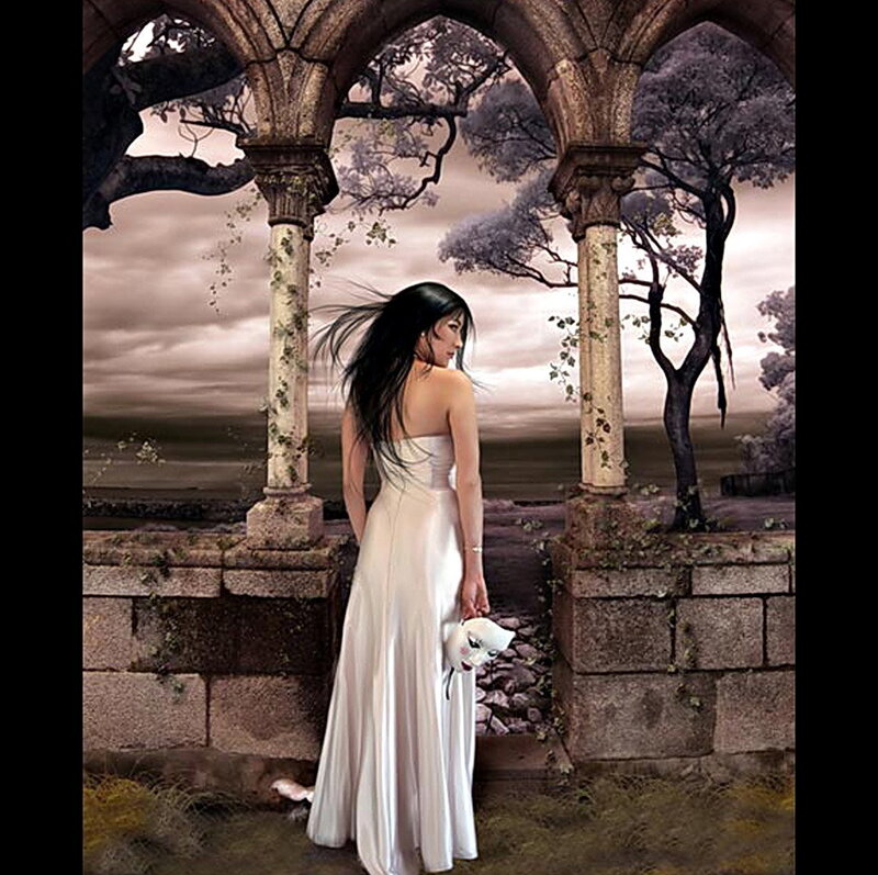 Woman in White Dress — Dramatic, Sunset, Digital Art, Stone Arches