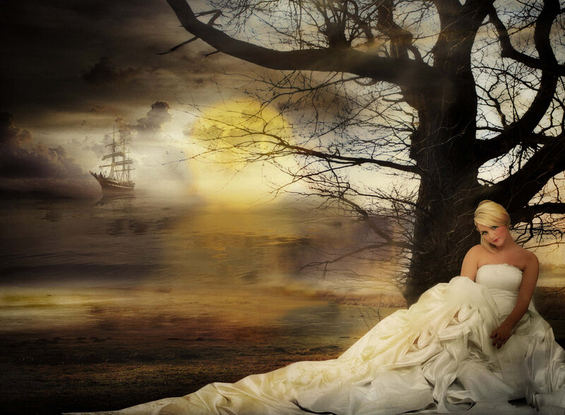 Woman in White Dress — Dramatic, Sunset, Digital Art, Tree