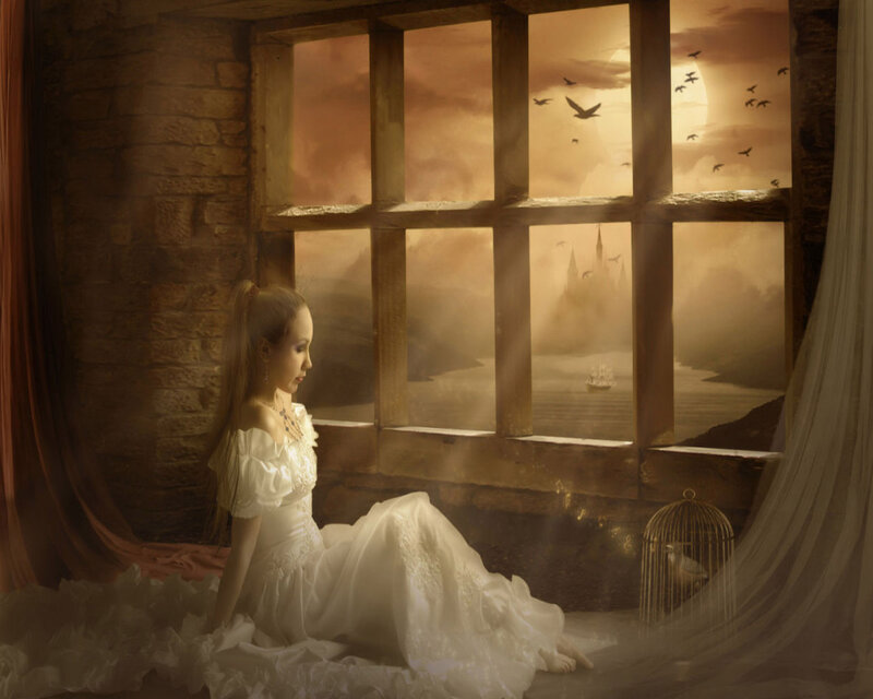 Woman in White Dress — Dramatic, Sunset, Digital Art, Window, Birdcage, Castle