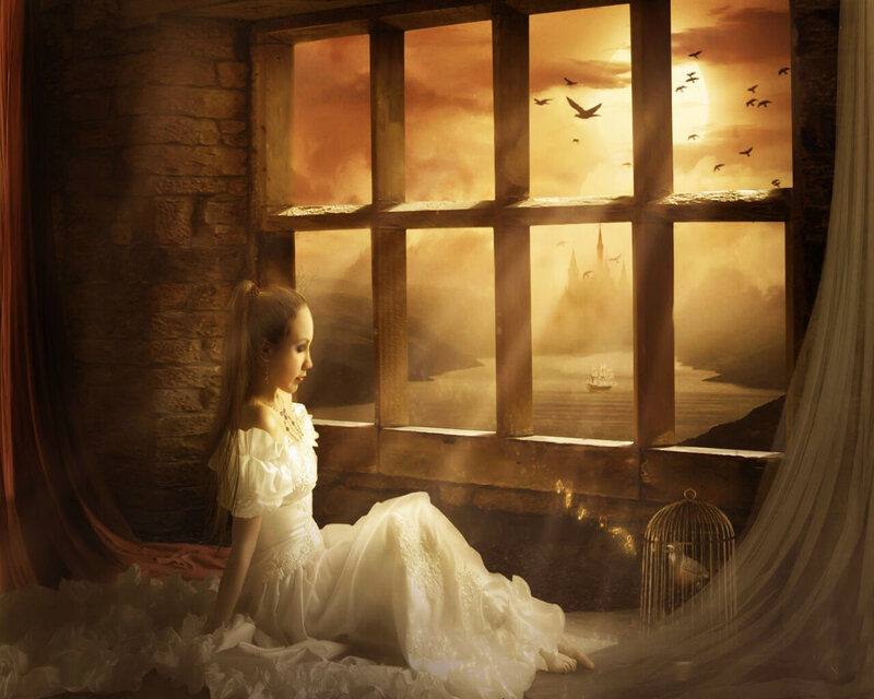 Woman in White Dress — Dramatic, Sunset, Digital Art, Window