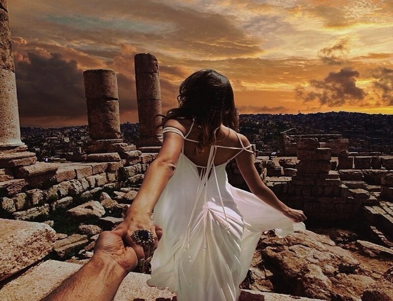 Woman in White Dress — Dramatic, Sunset, Photograph, Ancient Ruins